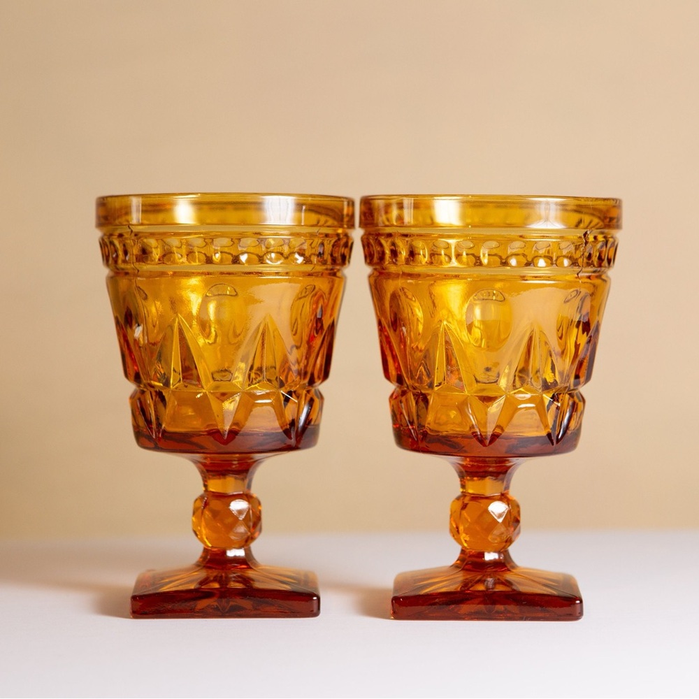 Vintage pair of amber Indiana Glass Park Lane goblets / wine glasses, a set of 2
